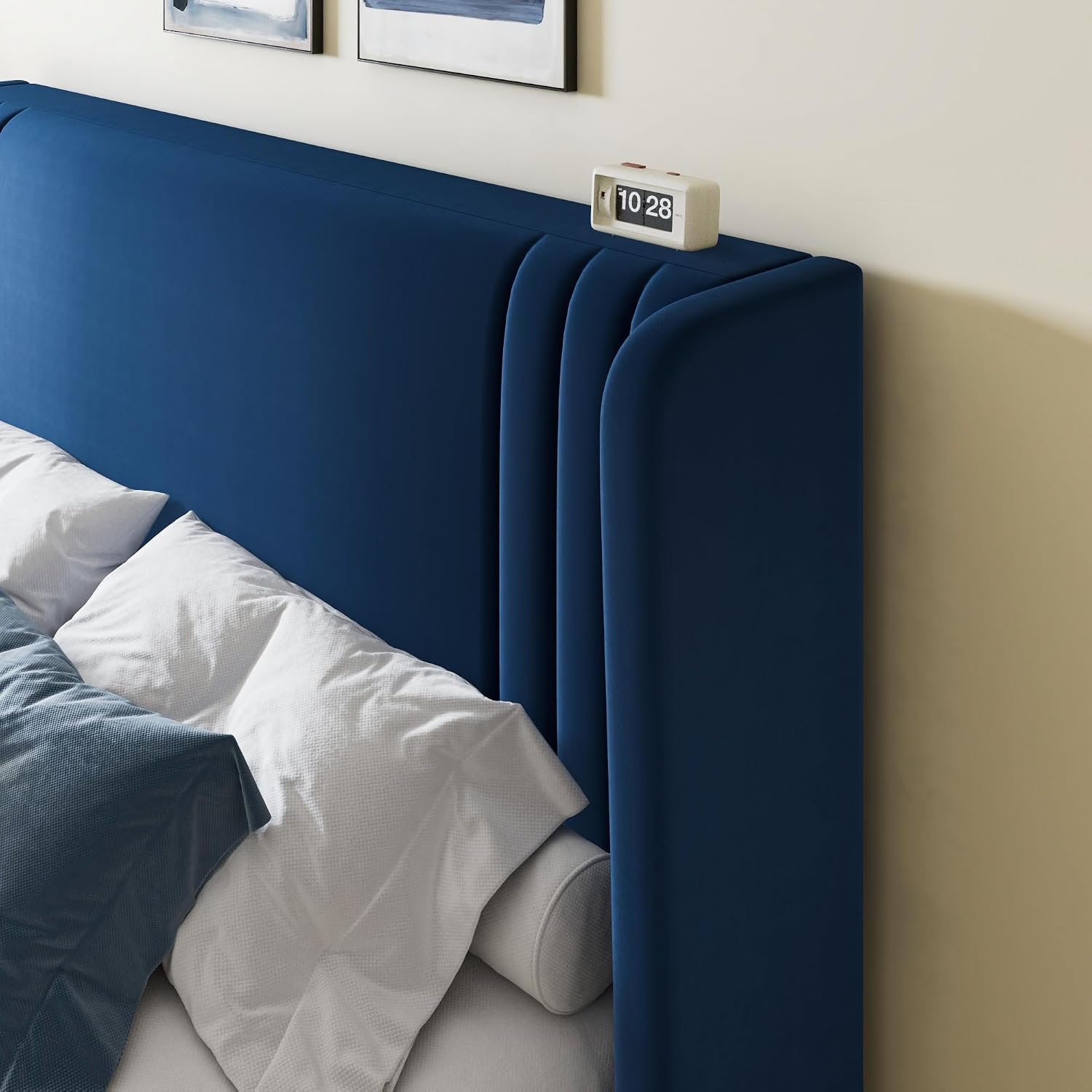 Allewie Full Size Velvet Platform Bed Frame with Vertical Tufted Wingback Headboard, Easy Assembly, Under Bed Storage, No Box Spring Required, Modern Style, Blue