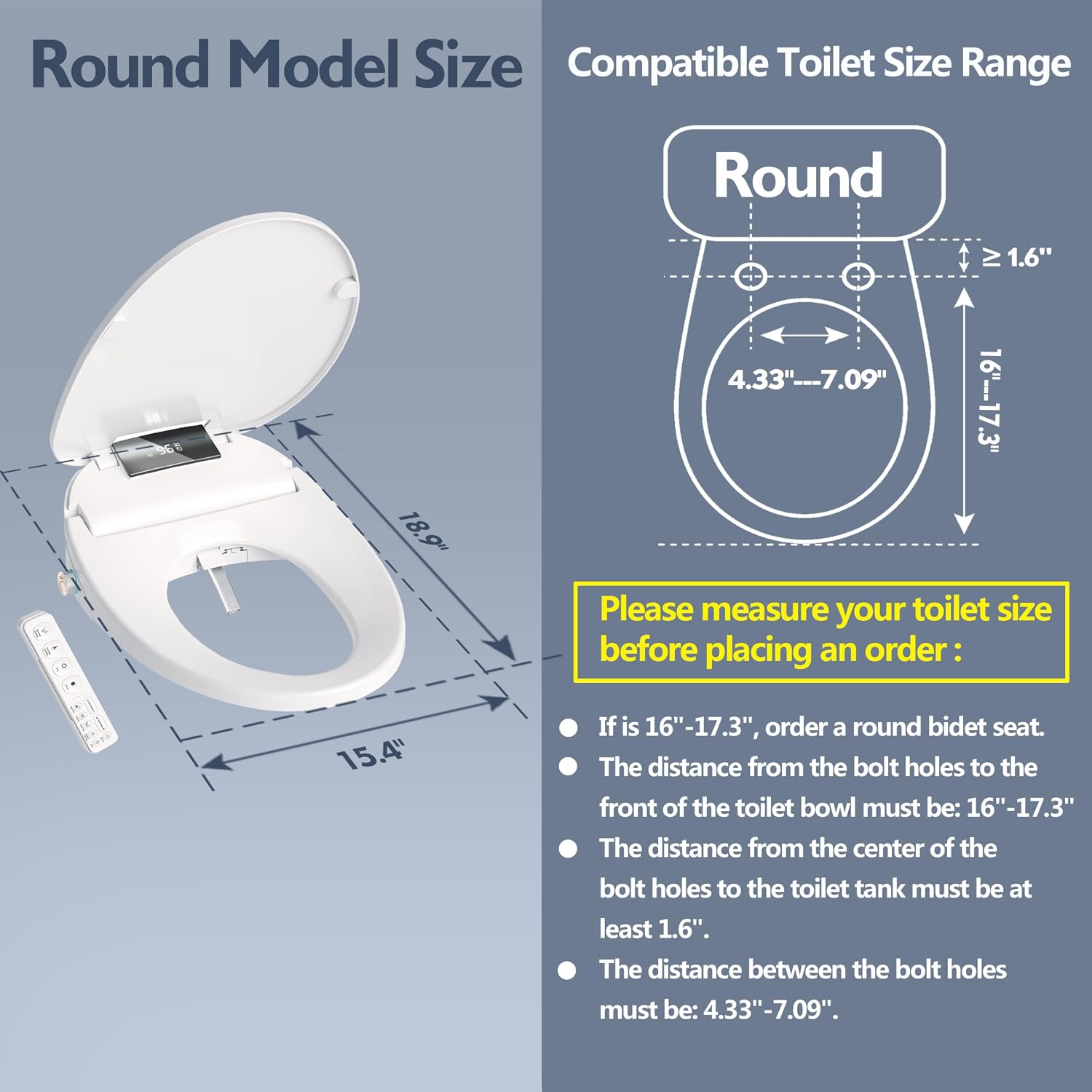 WLJBIDET Electric Heated Bidet Toilet Seat with Remote Control, Adjustable Warm Water & Pressure, Air Drying, Self-Cleaning Nozzle, Oscillating Cleaning, Display Screen, Slow Closed Lid - Round