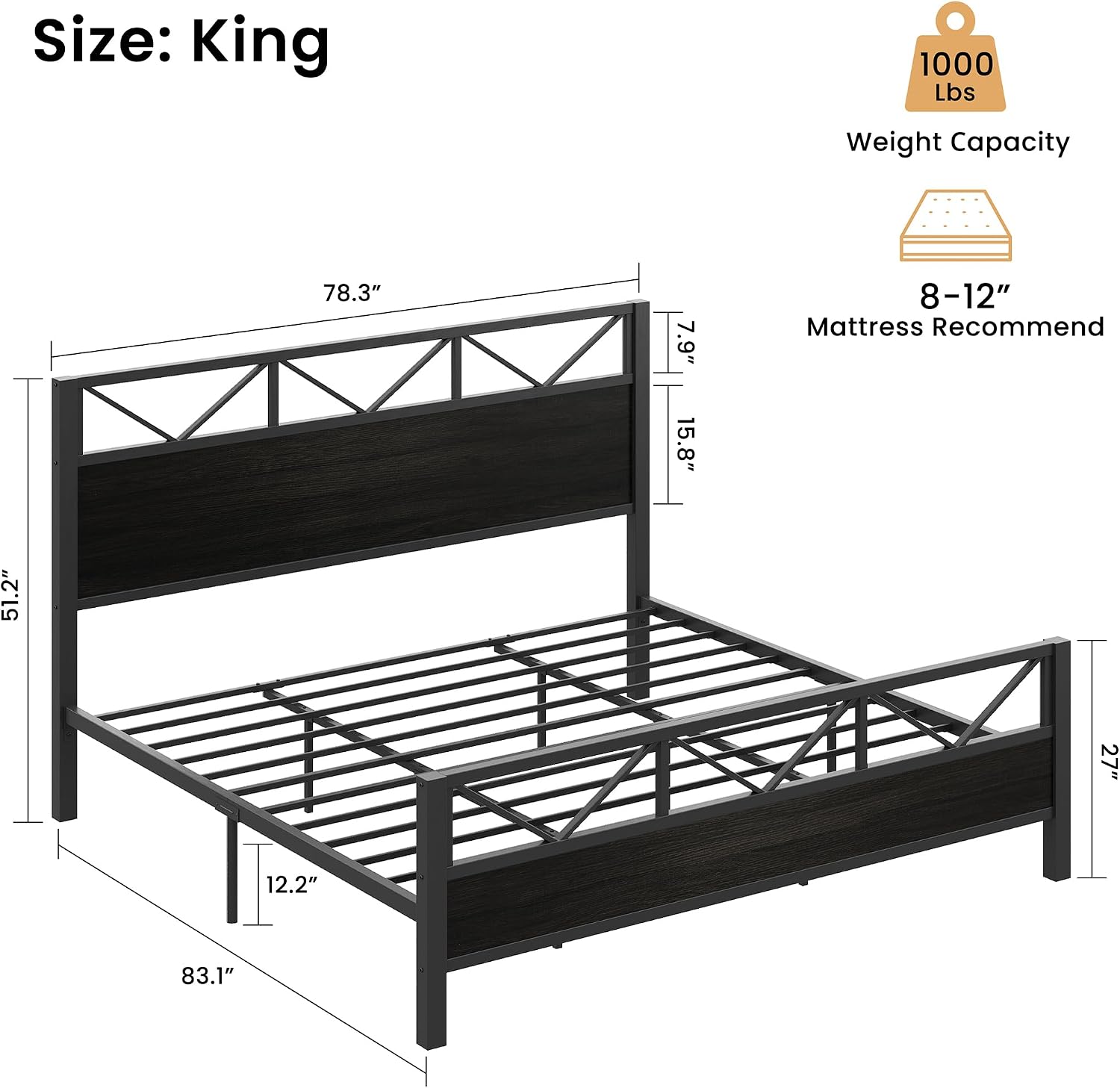 LIKIMIO King Bed Frame, Tall Industrial Headboard 51.2 ', Platform Bed Frame with Strong Metal Support, Solid and Stable, Noise Free, No Box Spring Needed, Easy Assembly, Black
