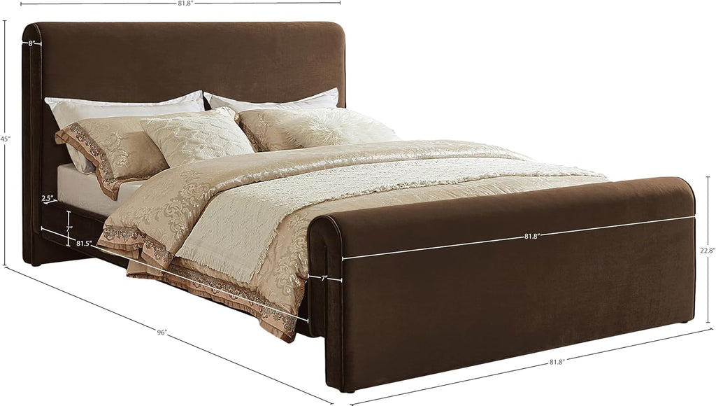 Meridian Furniture SloanBrown-K Sloan Collection Modern | Contemporary Velvet Upholstered King Bed with Rich Soft Brown Velvet, Curved Headboard and Footboard, 82' W x 96' D x 45' H, Brown, King