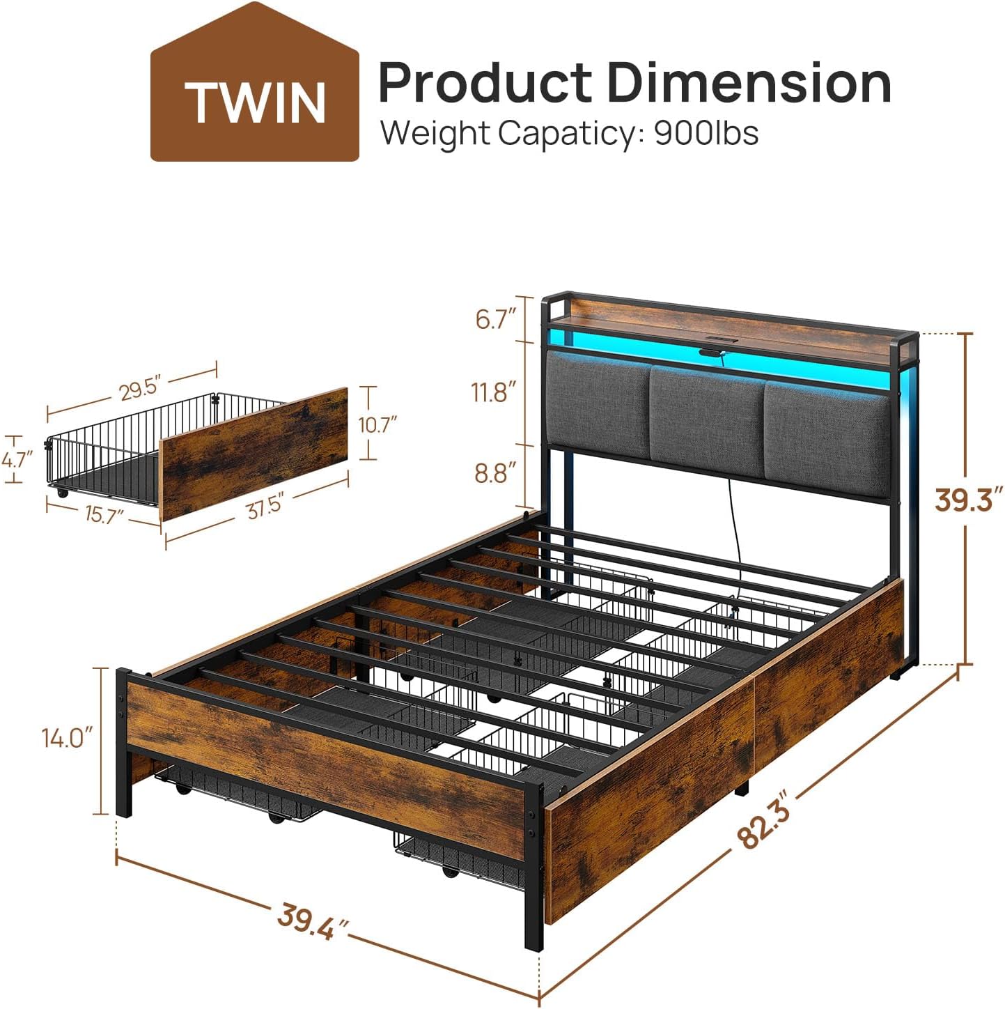 Rolanstar Bed Frame Twin Size with Charging Station and LED Lights, Upholstered Storage Headboard with Drawers, Heavy Duty Metal Slats, No Box Spring Needed, Easy Assembly, Rustic Brown