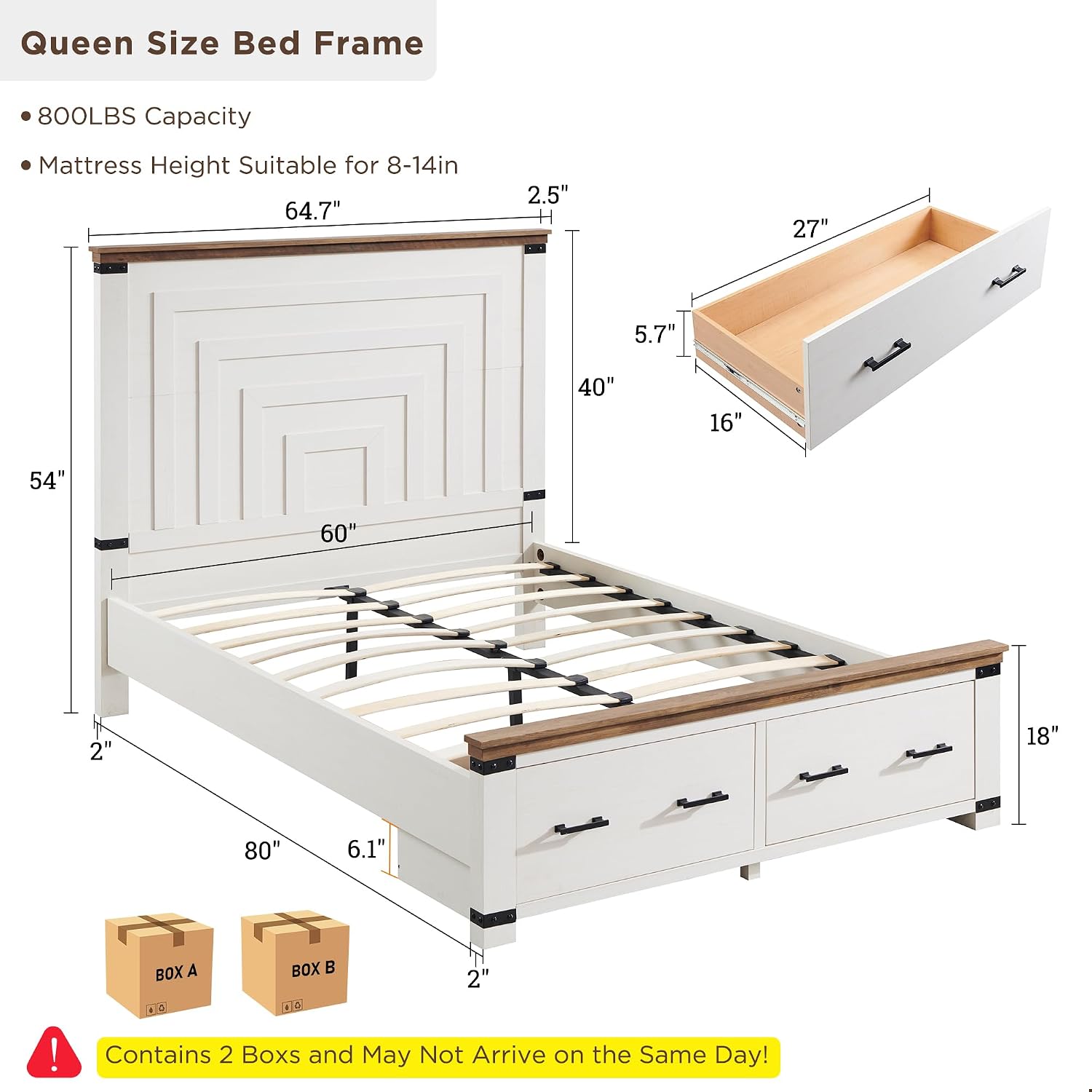 T4TREAM Farmhouse Queen Size Bed Frame with 54' Tall Geometric Headboard & 2 Large Storage Drawers, Rustic Wood Platform Bed with Wood Slats Support, No Box Spring Needed, Antique White