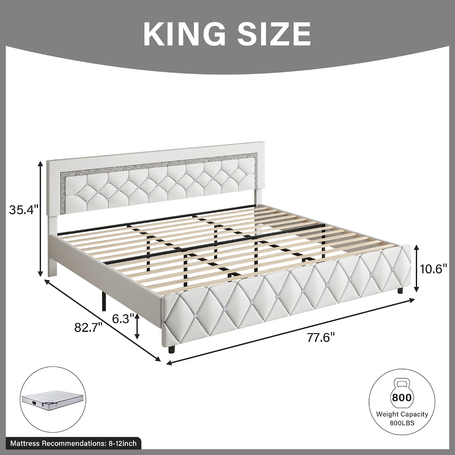 BarnFurin King Size Bed Frame and Headboard, Faux Leather Upholstered Bed with Diamond Tufted Design, Modern Platform Bed Frame with Wooden Slats Support, No Box Spring Required, Easy Assembly, White