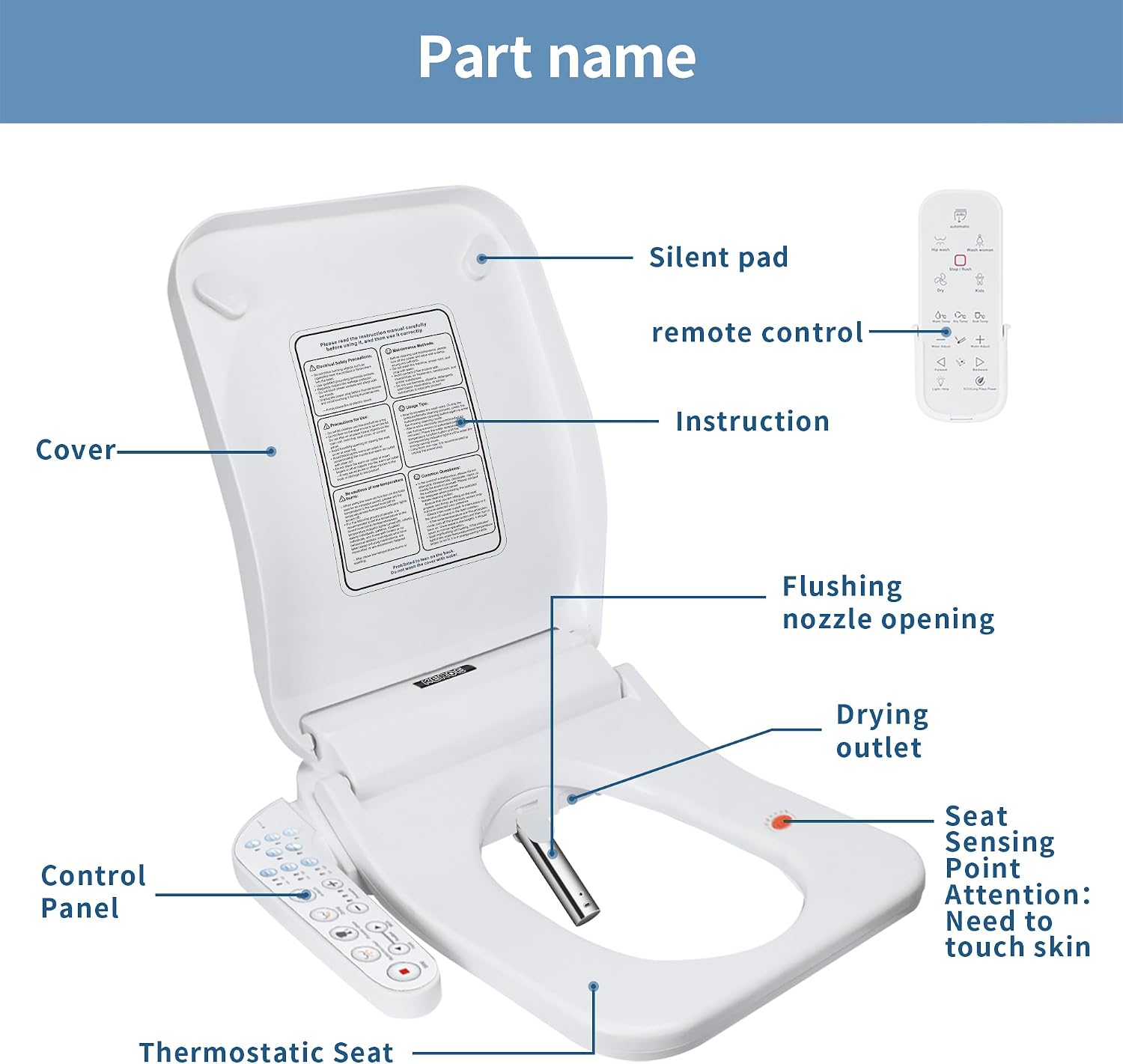 KERDE F30B Square Electric Bidet Toilet Seat - Heated Seat, Warm Water Cleansing, Air Dryer, Adjustable Nozzle, Remote Control, Energy Saving, Easy Installation for Square Toilets