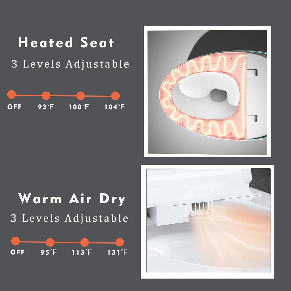 WinZo Luxury Smart Toilet With Bidet Built In, Elongated Egg Shaped Modern Design, Auto Open Auto Flush, Adjusted Heated Seat, Warm Water and Dryer, Night Light, Side Buttons, White