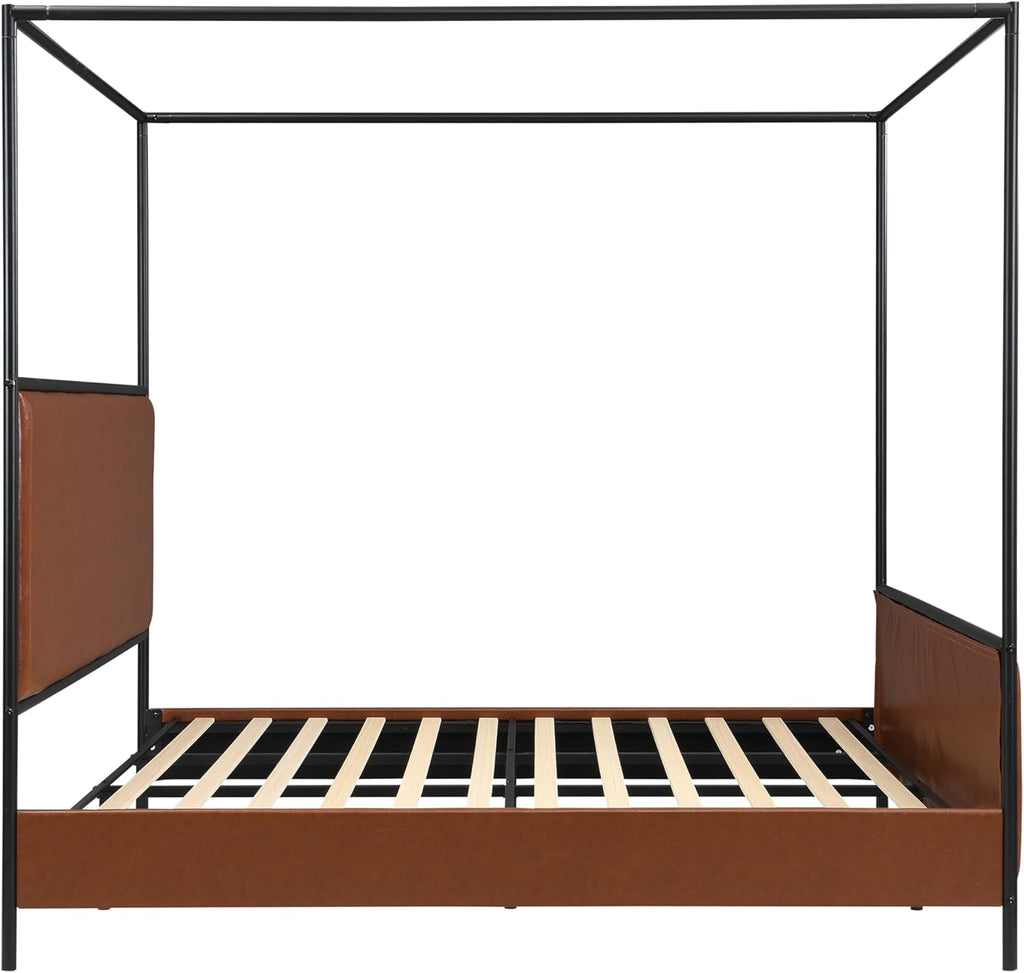 King Size Canopy Bed with Upholstered Headboard, Tall Four Poster Platform Bed for Bedroom (Brown+Black, King)
