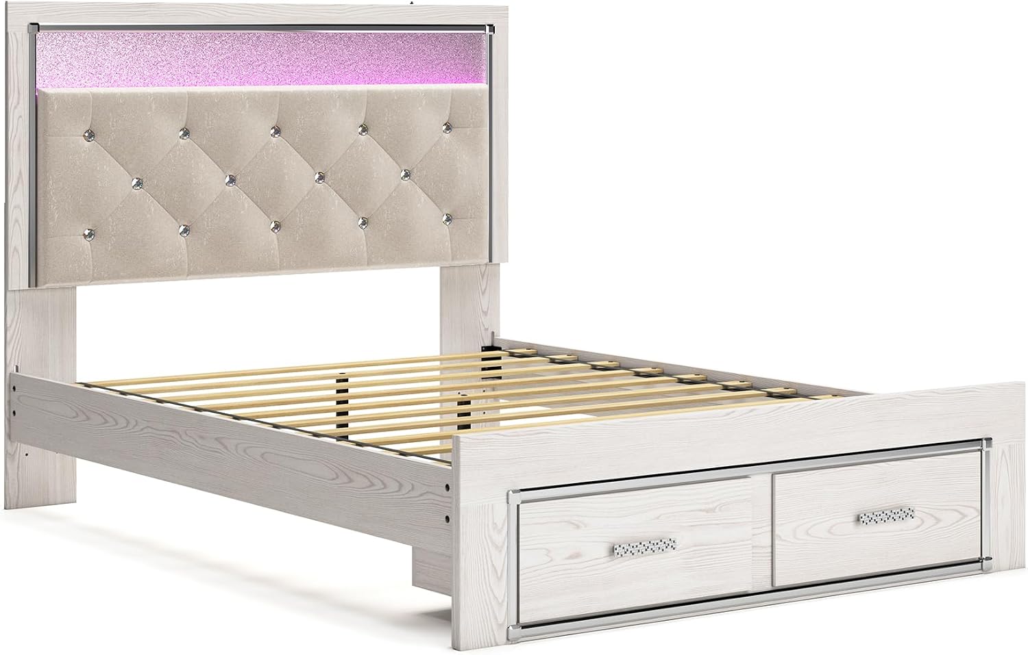 Signature Design by Ashley Altyra Contemporary Adjustable Tufted Queen Upholstered Storage Platform Bed with LED Lights and 2 Drawers, Foundation or Box Spring Not Needed, White & Gray