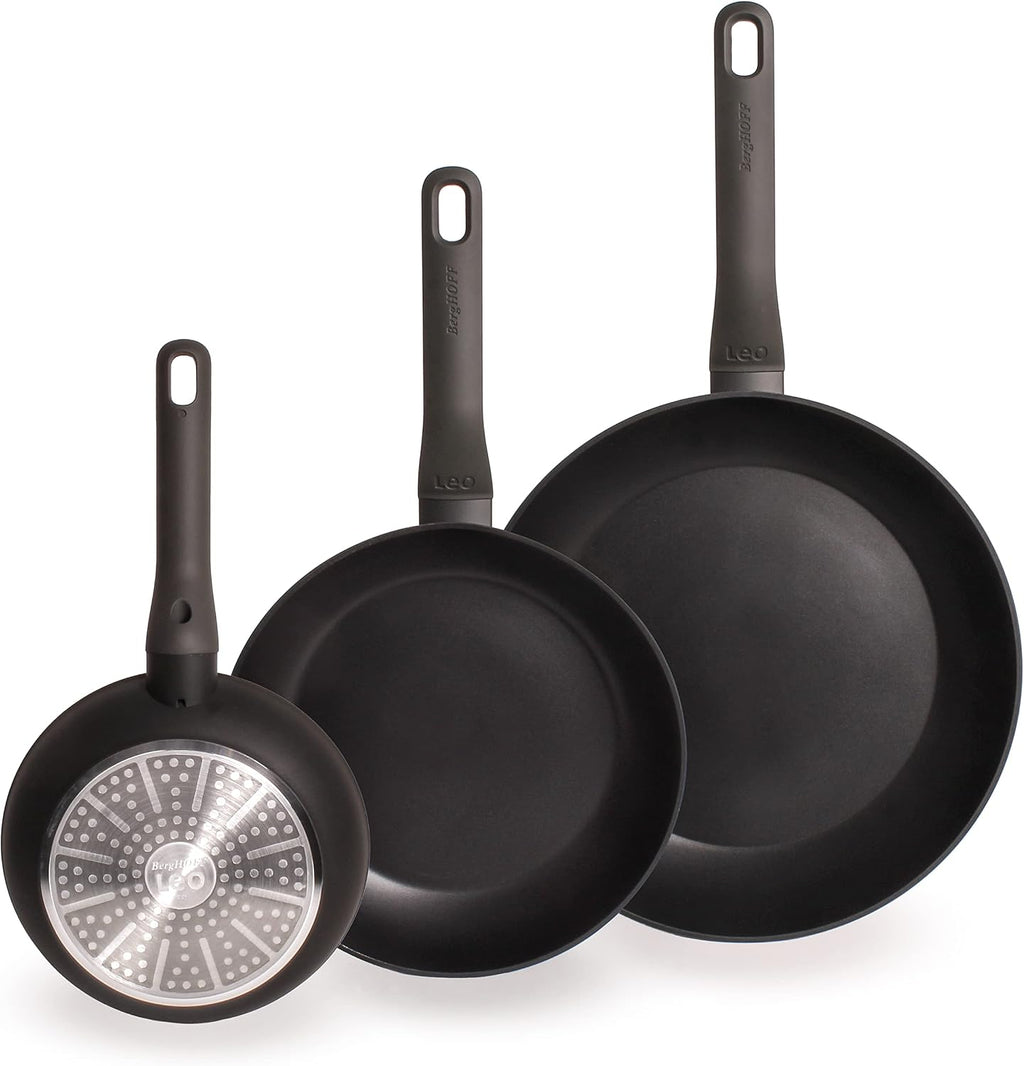 Berghoff LEO 3Pc Non-stick Frying Pan Set 8', 10', 11' Cast Aluminum Ferno-Green, PFOA Free Coating Soft-touch Stay-cool Handle Induction Cooktop Fast Heating, Dark Grey