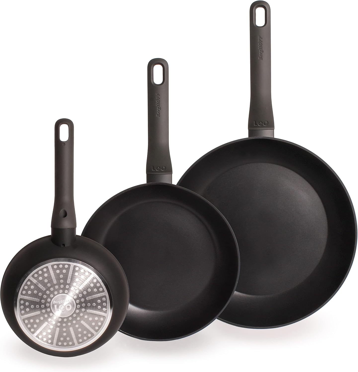 Berghoff LEO 3Pc Non-stick Frying Pan Set 8', 10', 11' Cast Aluminum Ferno-Green, PFOA Free Coating Soft-touch Stay-cool Handle Induction Cooktop Fast Heating, Dark Grey
