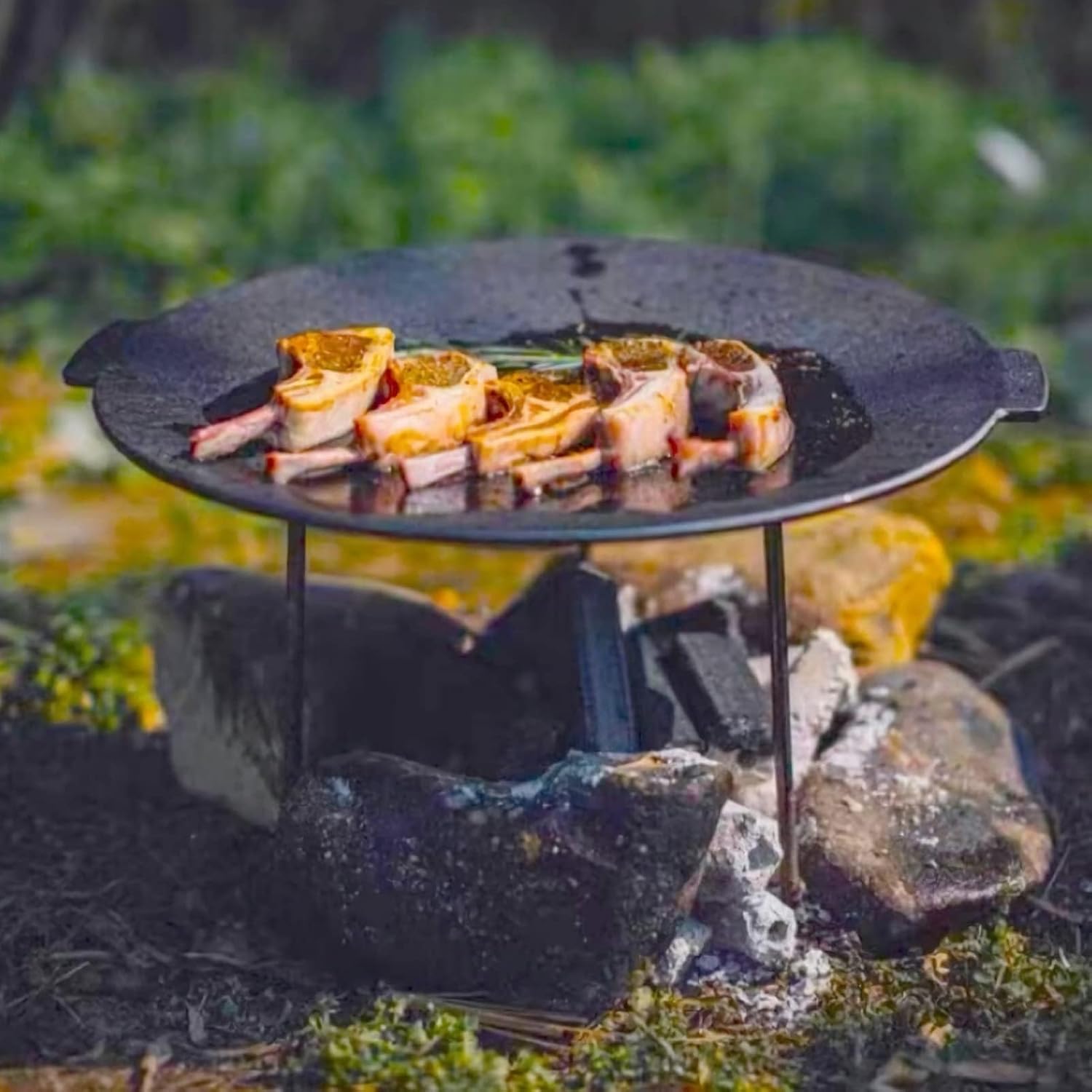 BBQ Grill Pan,Iron Campfire Griddle, Smokeless Durable Heat Resistant Cast Iron Round BBQ Griddle for Indoor and Outdoor Camping and Barbecue Parties