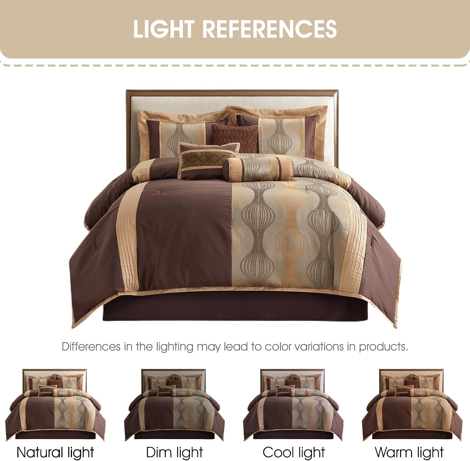 Grand Avenue Elegant Full Bed Comforter Set 7 Piece Bed in a Bag, Jacquard Bedding Set for All Season,Striped, Brown Comforter, Matching Decorative Pillows, Pillow Sham
