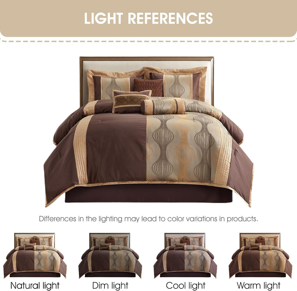 Grand Avenue Elegant Brown Comforter Set King, Striped,7 Piece Bed in a Bag, Jacquard Bedding Set All Season, Matching Decorative Pillows, Pillow Sham