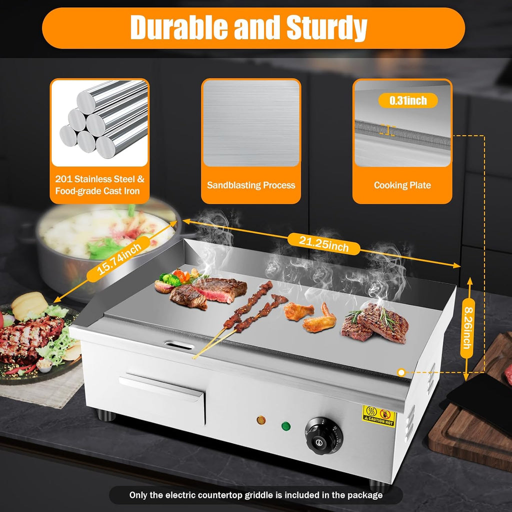 3000W Electric Countertop Griddle With Adjustable Temperature Control - 50-300℃/122-572℉ Stainless Steel Electric Grill Indoor