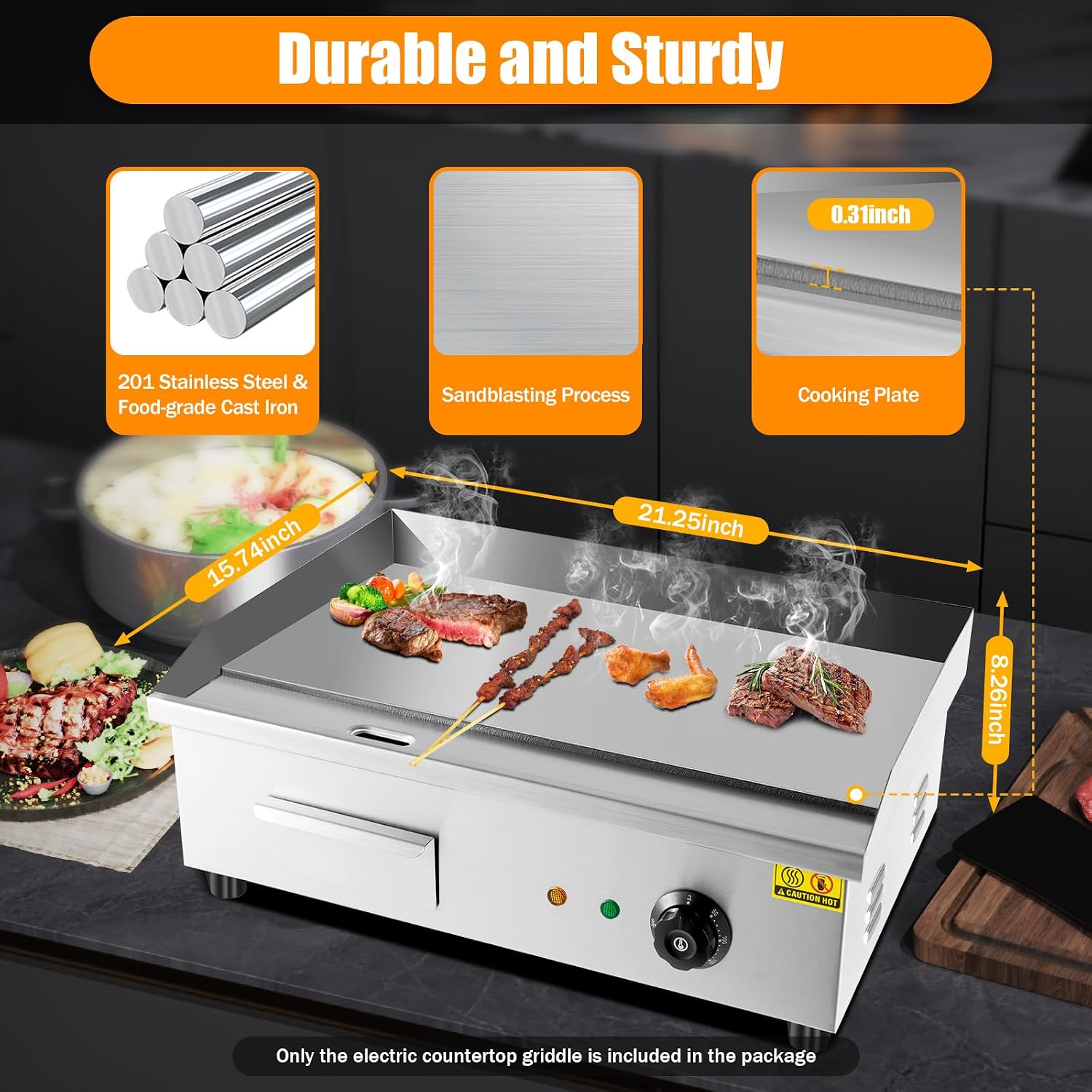 3000W Electric Countertop Griddle With Adjustable Temperature Control - 50-300℃/122-572℉ Stainless Steel Electric Grill Indoor