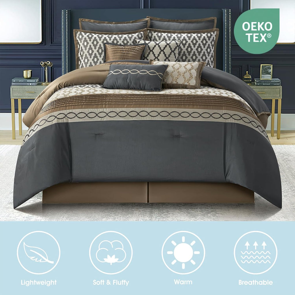 LANCO MODERN LIFESTYLE Queen Comforter Set, Grey Brown, 10 Piece Bed in a Bag for All Seasons, Luxury Extreme Comfort Bedding Sets with Bedskirt, Pillow Shams, Euro Shams and Decor Pillows