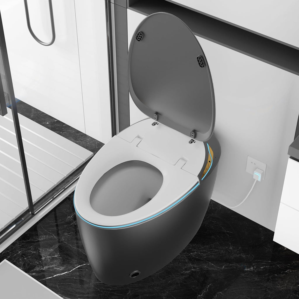 WinZo Modern Egg Shaped Smart Toilet With Bidet Built-in, Auto Flush/Auto Open,Nigh Light LED Screen,Adjusted Heated Seat Warm Air Dryer (Matte Grey)