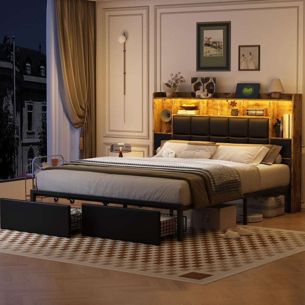 TIGUBFRE LED Bed Frame Full Size with Bookshelf PU Leather Headboard, 2 Hidden Storage Drawers, Upholstered Platform Bed with Charging Station, Metal Slats Support, Noise Free, No Box Spring Needed