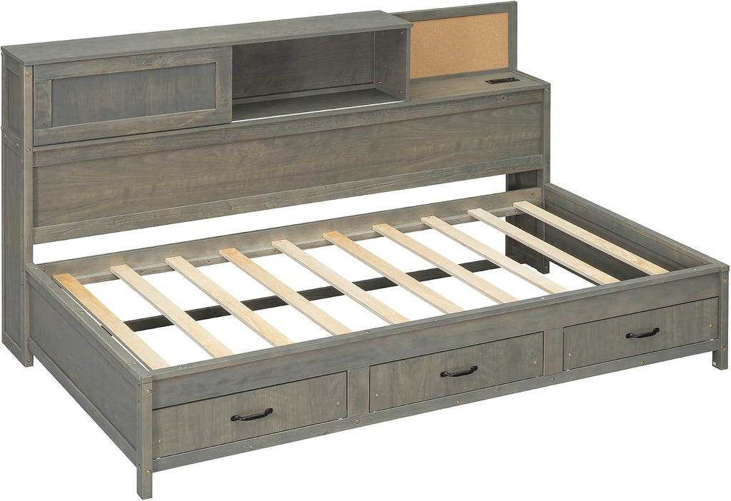 Merax Twin Size Daybed with 3 Storage Drawers,Headboard with Shelf,A Set of Sockets and USB Ports,Grey