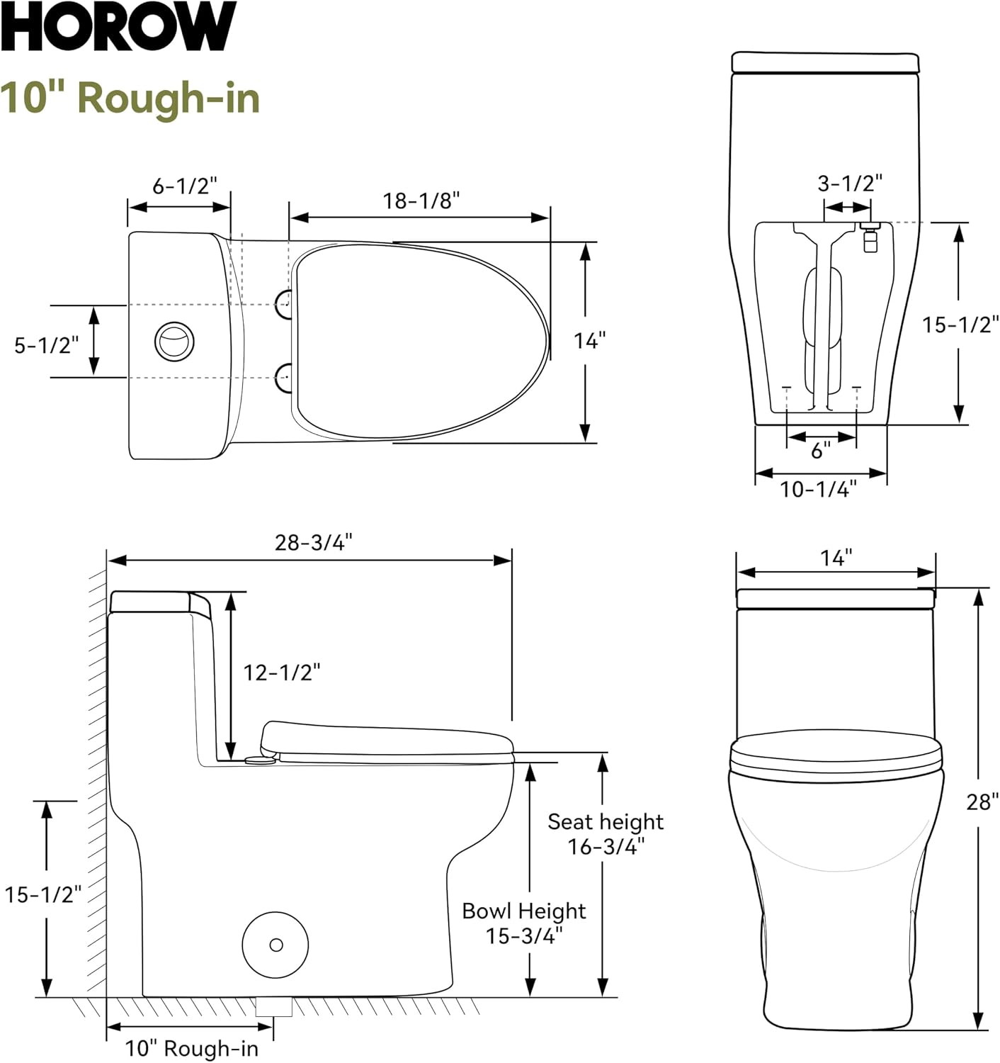HOROW Compact One Piece Toilet, Dual Flush Elongated Toilet with Soft Close Seat, High-Efficiency Supply, Standard Bathroom Toilet 10' Rough-In, White Finish