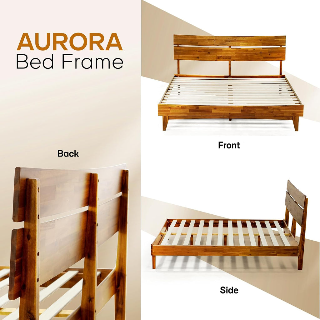 Acacia Aurora Wooden Bed with Headboard, King Size Bed Frame, 800lbs Capacity Wood Bed Compatible with All Mattress Types, Non-Slip & Noise-Free, Wood Slats Support, Easy Assembly, Caramel.