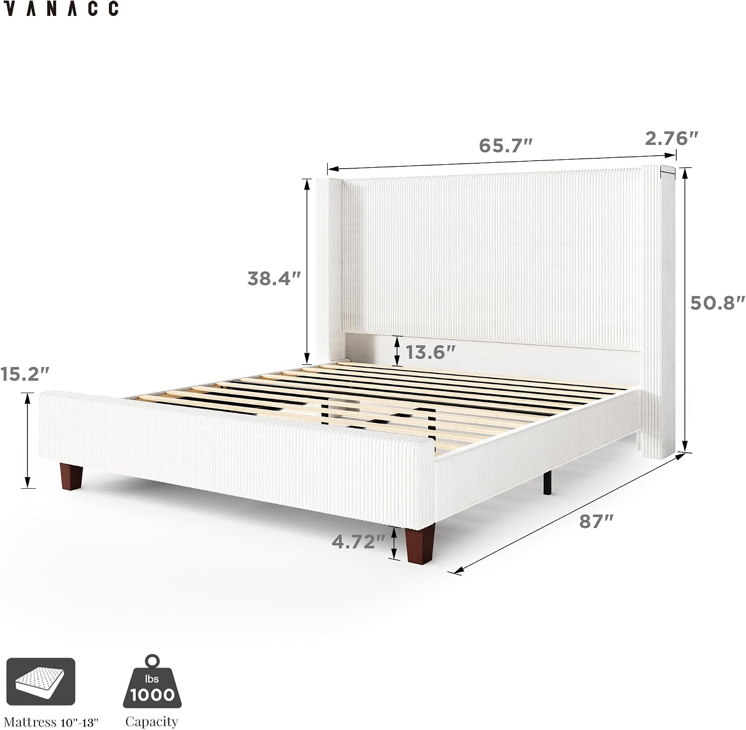 VanAcc Queen Size Platform Bed Frame, 50.8' Corduroy Upholstered Bed with Vertical Channel Tufted Headboard/Wooden Slats/Wingback/No Box Spring Required/White