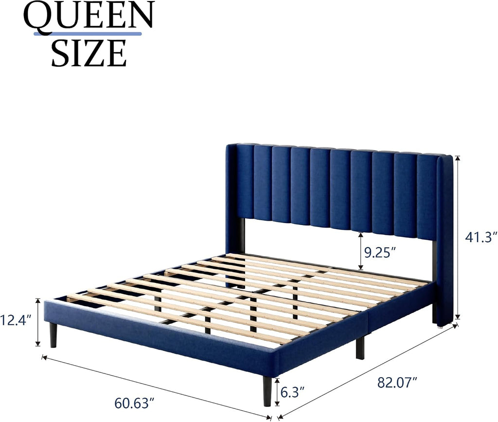 Gruwans Queen Size Bed Frame with Upholstered Wingback Headboard, Easy Assemnly Platform Bed, Wooden Slat Support No Box Spring Needed, Navy Blue