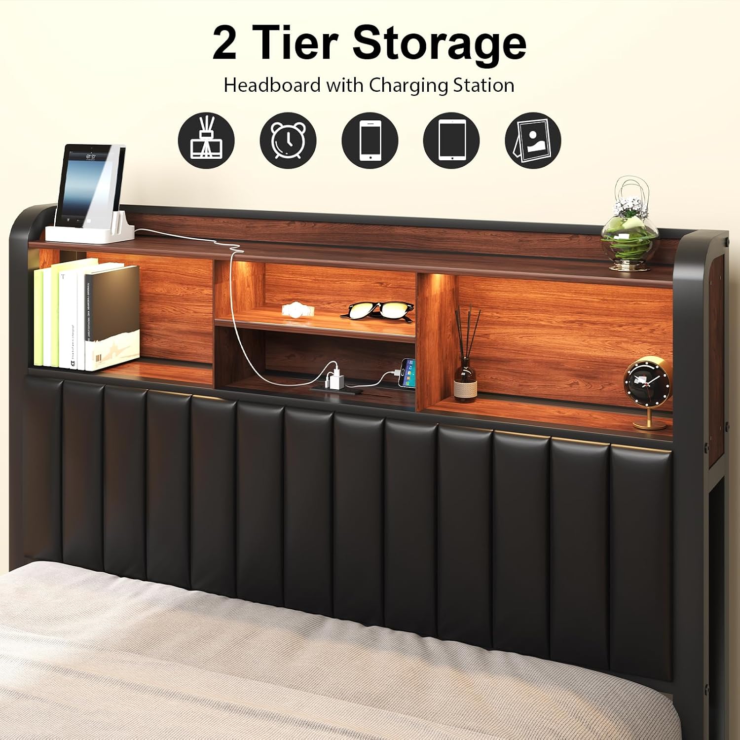 LOEWAY Full Size Bed Frame 54.3' Tall with 3-Tier Storage Headboard and PU Leather, Metal Platform Bed Frame with LED Lights and Charging Station, Noise-Free, No Box Spring Needed, Black