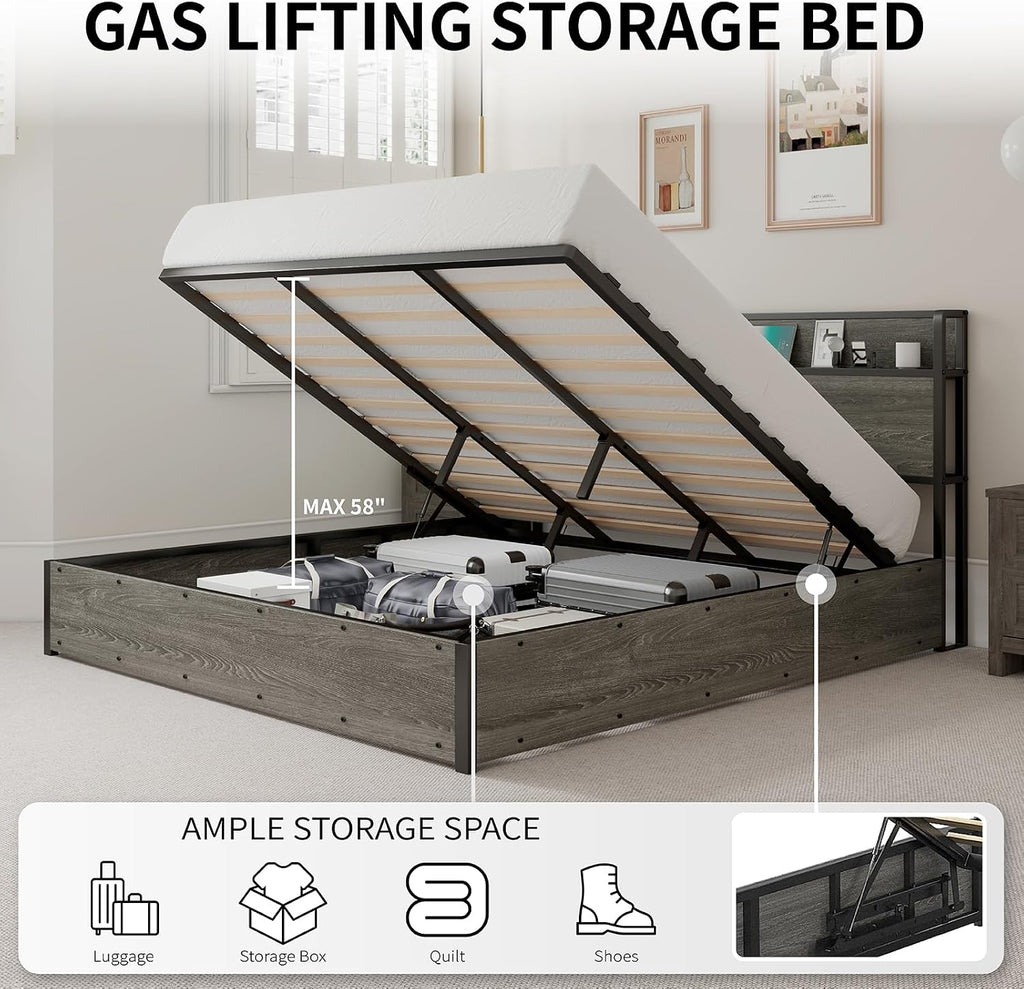 LUXOAK Full Size Lift Up Storage Bed, Wood Platform Bed Frame with Storage Headboard & Charging Station, No Box Spring Needed, Easy Assembly, Rustic Grey