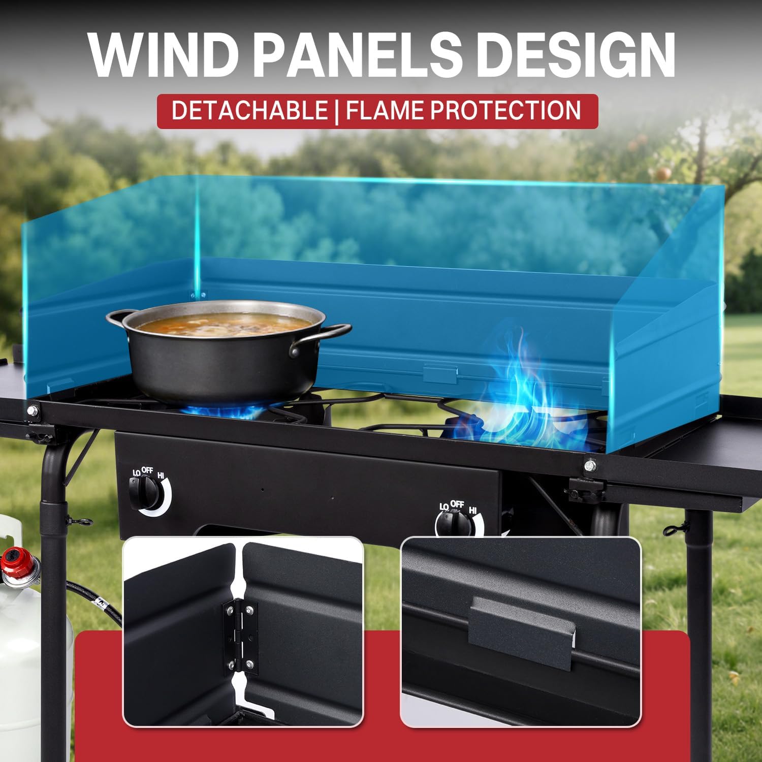 2 Burner Propane Camp Stove | 150,000 BTU Gas Burners | Side Shelves | Windscreen | Waterproof Cover | Detachable Legs | Ideal for Camping Backyard Outdoor Cooking