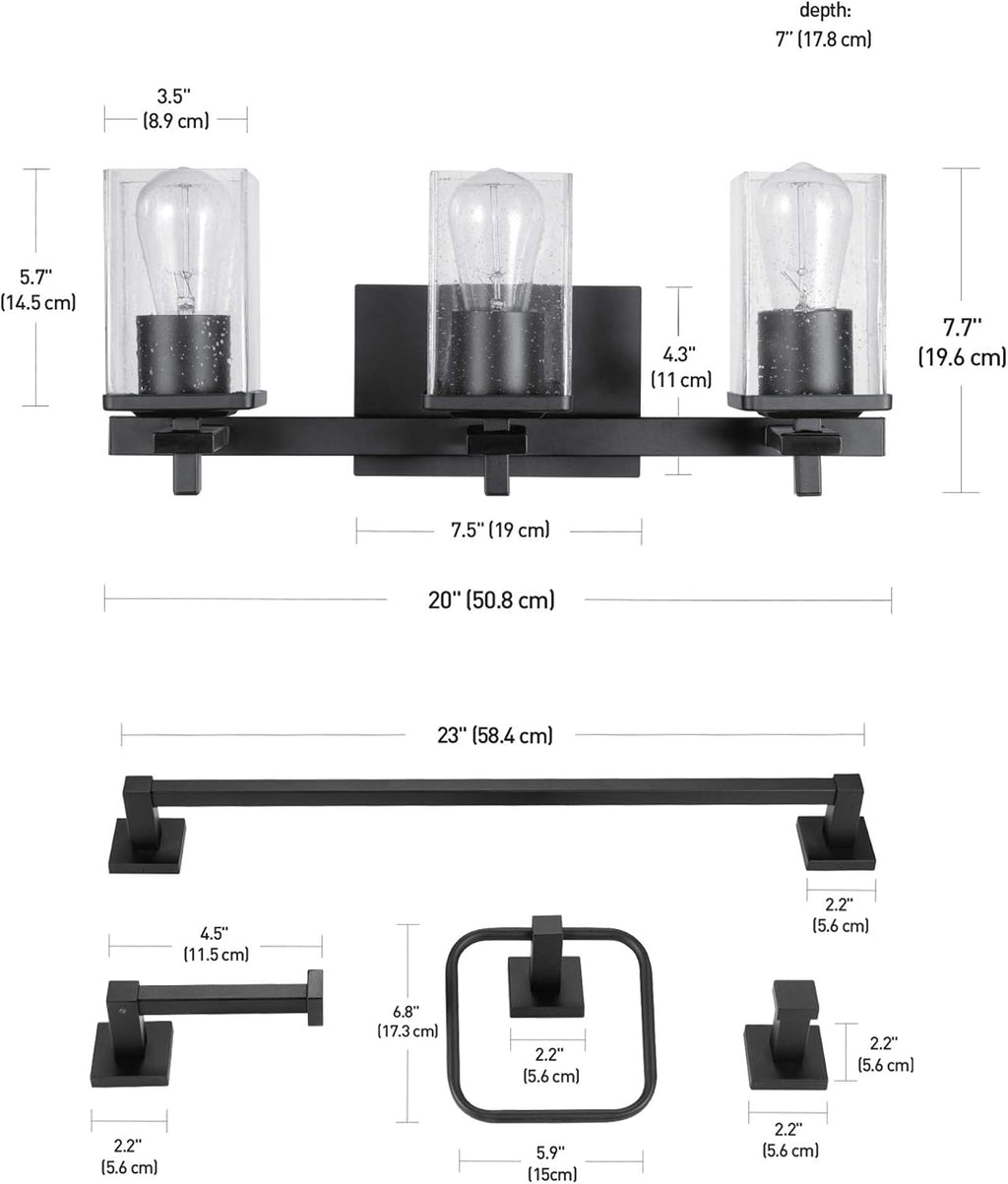 Globe Electric 51634 Dakota 5-Piece All-in-One Bathroom Set 3 Vanity Light with Seeded Glass Shades, Bar, Toilet Paper Holder, Towel Ring, Robe Hook, Matte Black