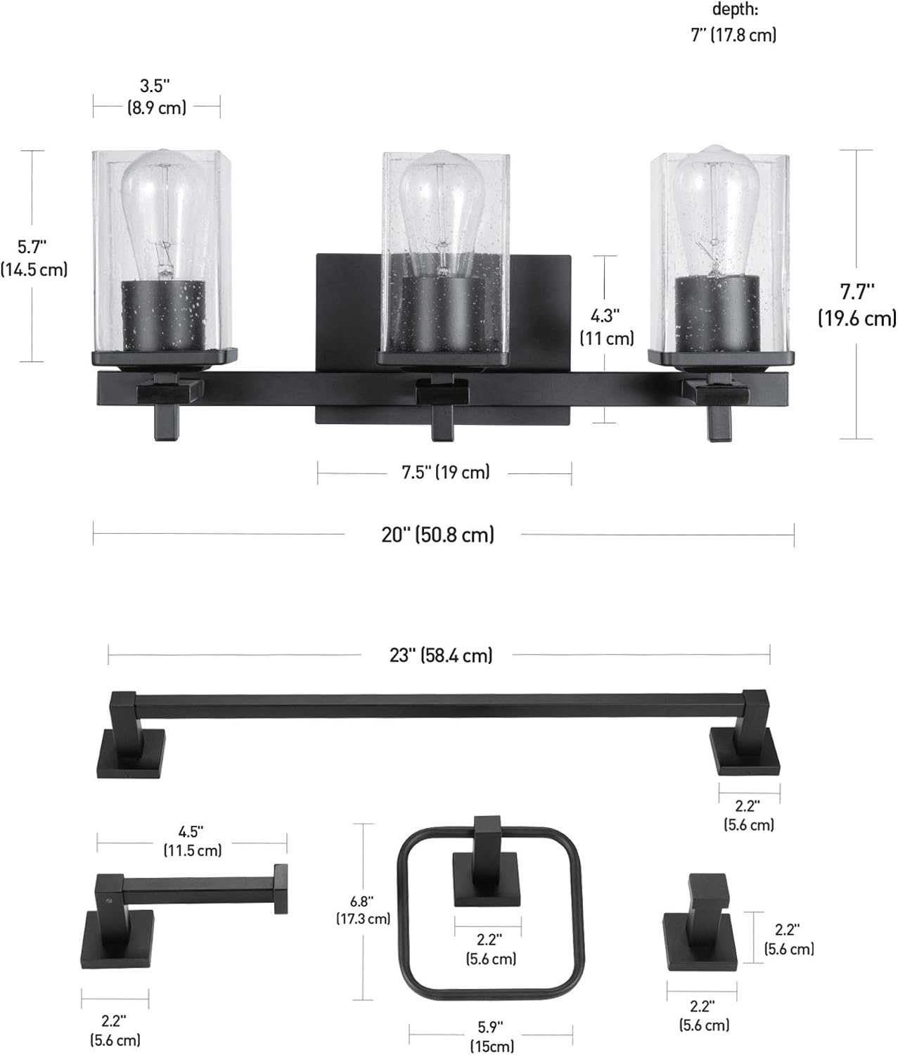 Globe Electric 51634 Dakota 5-Piece All-in-One Bathroom Set 3 Vanity Light with Seeded Glass Shades, Bar, Toilet Paper Holder, Towel Ring, Robe Hook, Matte Black