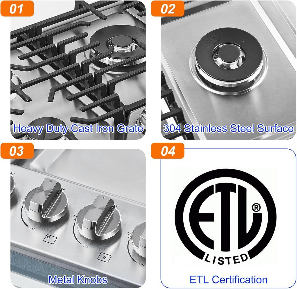 AMZCHEF 30 inch Gas Cooktop with 5 Made in Italy SABAF Power Burners.Max 48,300 BTU/hr Built-in Gas Stove top of 304 Stainless steel,NG/LPG Convertible, ETL.