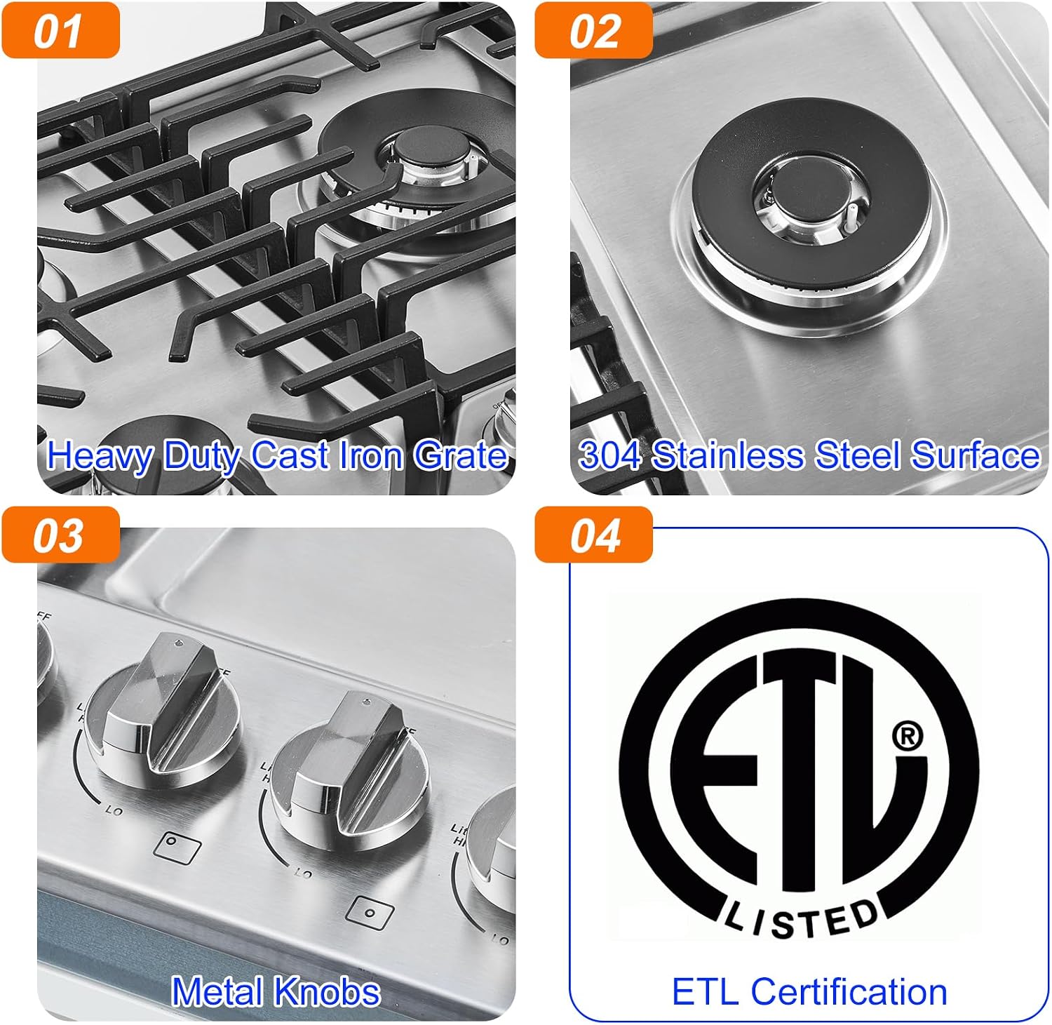 AMZCHEF 30 inch Gas Cooktop with 5 Made in Italy SABAF Power Burners.Max 48,300 BTU/hr Built-in Gas Stove top of 304 Stainless steel,NG/LPG Convertible, ETL.