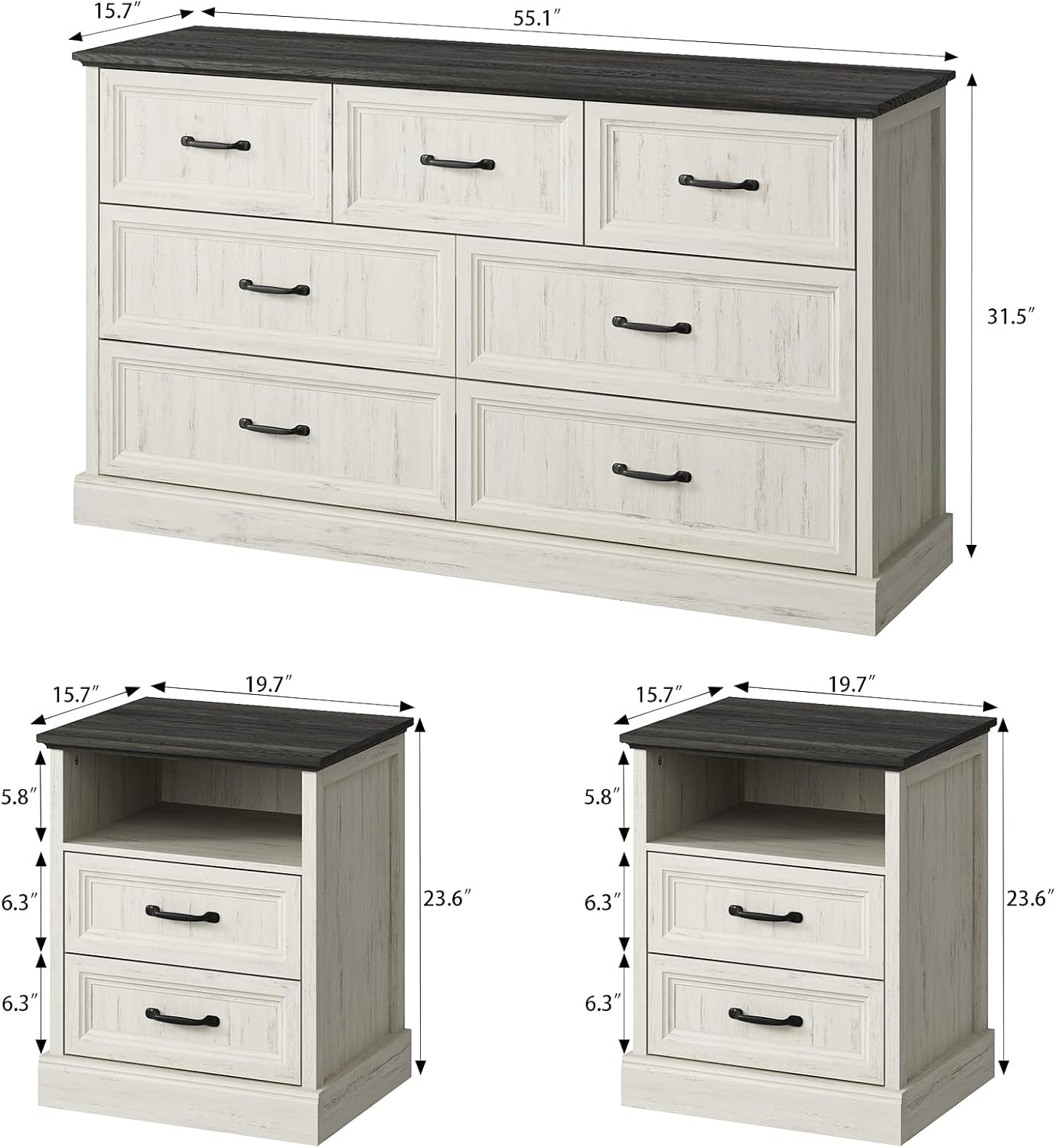CARPETNAL Farmhouse Dresser and Nightstand Sets for Bedroom, 3 Pcs Bedroom Set, 7 Drawer Dresser & Nightstand Set of 2, Modern Wood Chest of Drawers for Bedroom, Living Room, Entryway, White