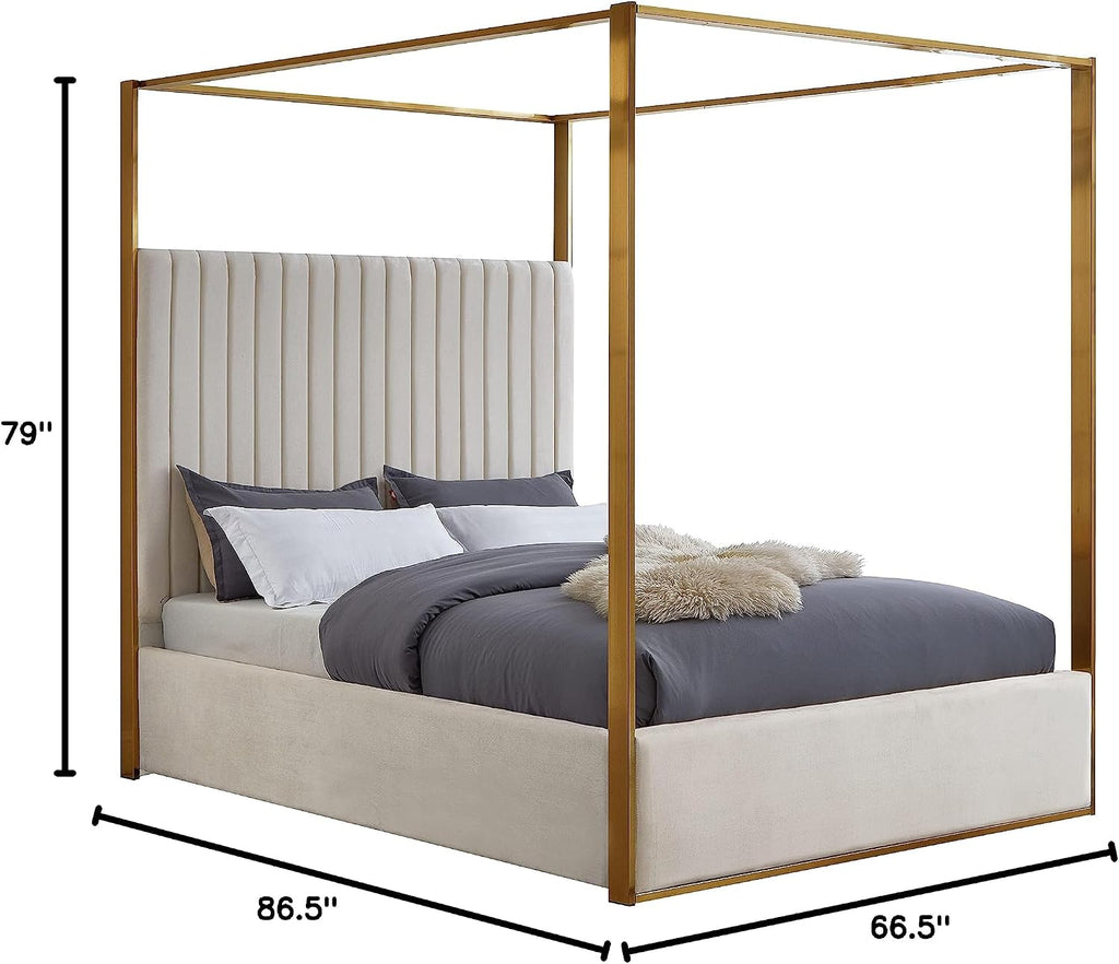 Meridian Furniture JonesCream-Q Jones Collection Modern | Contemporary Upholstered Queen Bed, Cream Velvet, Channel Tufting, Brushed Brass Frame, 66.5' W x 86.5' D x 79' H, Cream, Queen