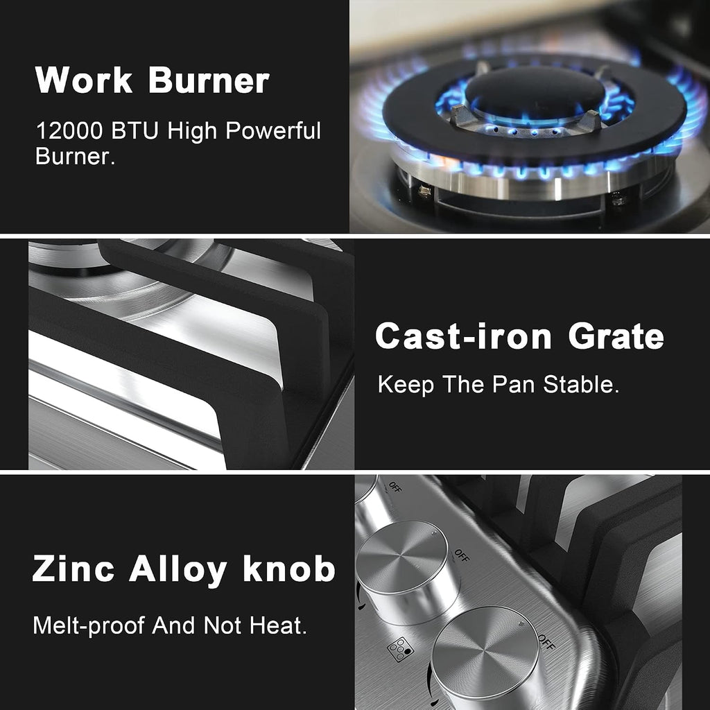 36 Inch Gas Cooktop with Griddle, Gas Stove Top with 5, Reversible Cast Iron Grill/Griddle, NG/LPG Convertible, with Thermocouple Protection, Stainless Steel