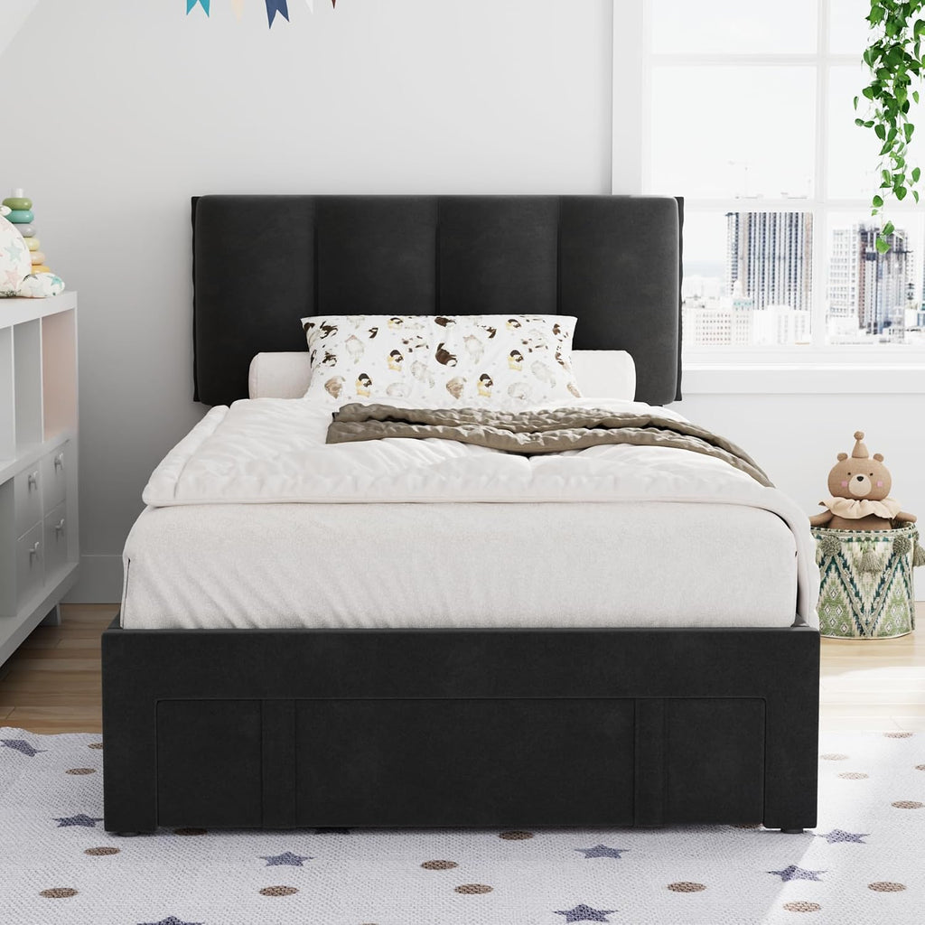 VECELO Twin Size Bed Frame with Storage Drawer, Heavy-Duty Platform Bedframe with Headboard & Strong Wooden Slats Support, No Box Spring Needed, Black