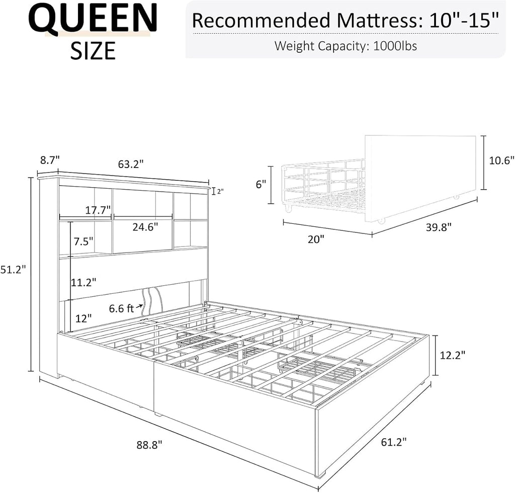 AMERLIFE Queen Size Bed Frame Wooden Platform Bed with 51.2' LED Storage Bookcase Headboard, 4 Storage Drawers & Charging Station/No Box Spring Needed/Noise Free/Rustic Grey