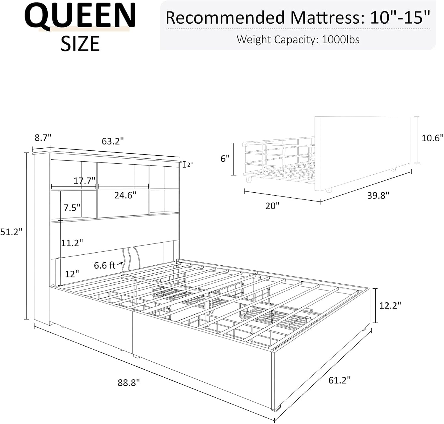 AMERLIFE Queen Size Bed Frame Wooden Platform Bed with 51.2' LED Storage Bookcase Headboard, 4 Storage Drawers & Charging Station/No Box Spring Needed/Noise Free/Rustic Grey