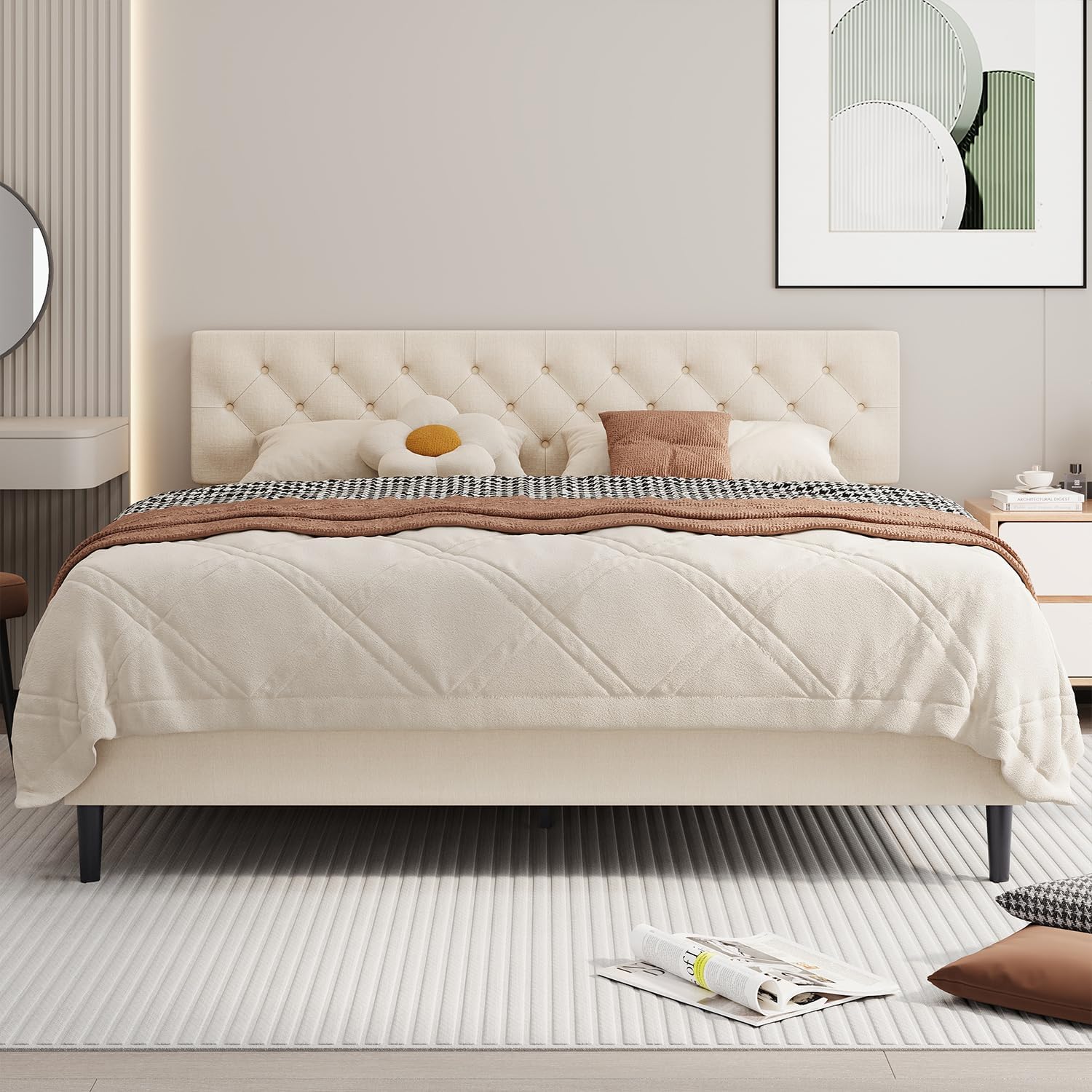 BarnFurin King Bed Frame, Upholstered Platform Bed with Button Tufted Headboard, Fabric Bed Frame with Wooden Slats Support, No Box Spring Required, Easy Assembly, Cream