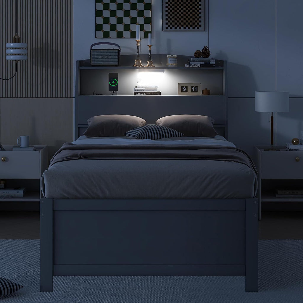 Bellemave Twin Size Wooden Platform Bed with Trundle & LED Storage Headboard - 3 Drawers, Wood Twin Captain Bed with USB Outlets and Hidden Flip-Up Compartment for Kids Teens Boys Girls (Gray)