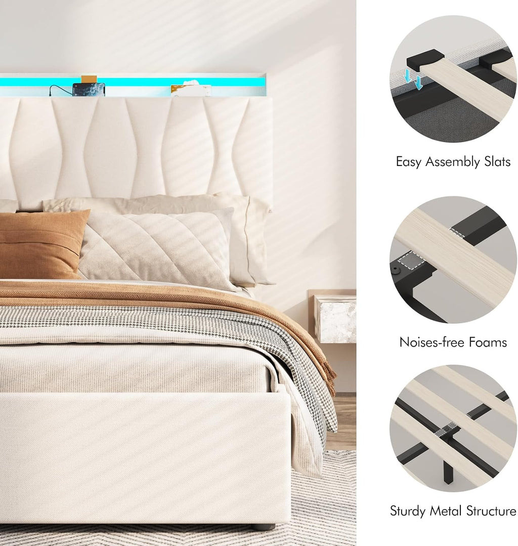 Fameill Full Size Lift Up Storage Bed Frame, Height Adjustable Storage Headboard with Charging Station, LED Lights Upholstered Platform Bed, Wooden Slat, No Box Spring Needed, Noise-Free, Beige