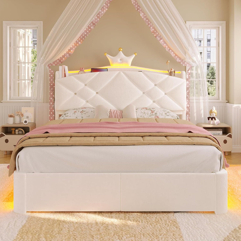 MSmask Full LED Bed Frame with Storage Headboard & 2 Storage Drawers, Princess Upholstered Bed with Charging Station & Crystal Button & Crown, Velvet Platform Bed for Girls, Curved Legs, Cream White