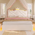 MSmask Full LED Bed Frame with Storage Headboard & 2 Storage Drawers, Princess Upholstered Bed with Charging Station & Crystal Button & Crown, Velvet Platform Bed for Girls, Curved Legs, Cream White