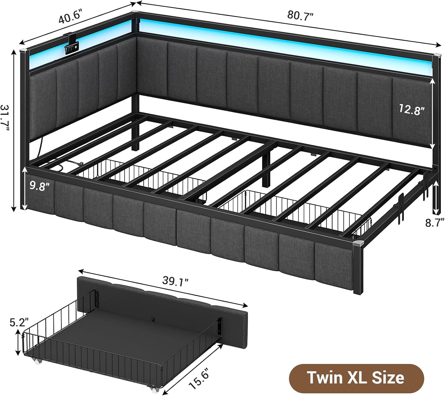 Hasuit Corner Bed Frame with Storage Drawers, Twin XL Daybed with Line Fabric Upholstered Fence, Kids Bed Unit with LED Light and Charging Station, Modern Bed Frame Twin XL Size, Gray