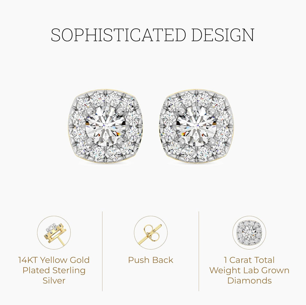 Gilded Lab-Grown Diamond Stud Earrings Sterling Silver and 14KT Yellow Gold Plated Silver| Cushion Halo Shaped Studs | Hypoallergenic Fine Jewelry | Prong Setting, Push Back Nut | SI1 Clarity, F Color 1/4, 1/2, ,1 ct tw