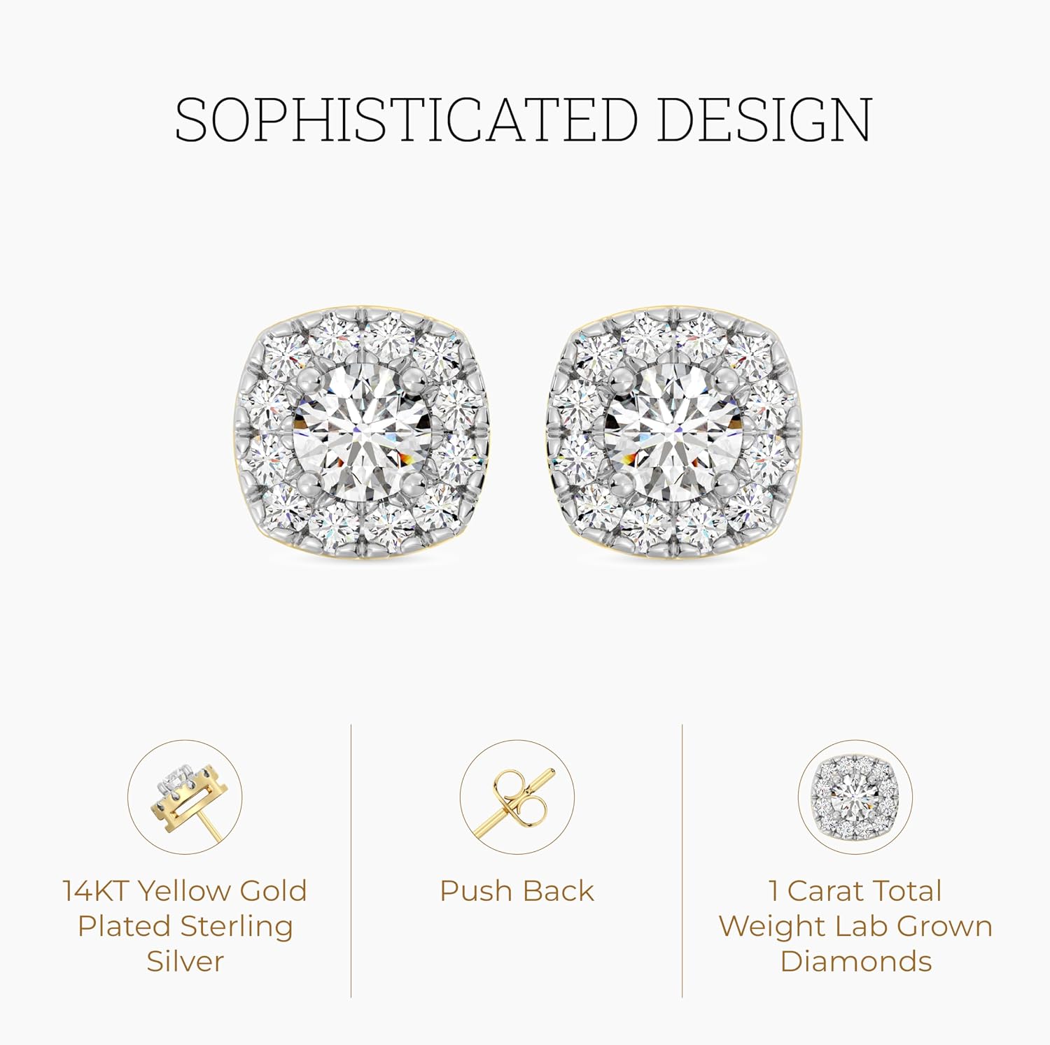 Gilded Lab-Grown Diamond Stud Earrings Sterling Silver and 14KT Yellow Gold Plated Silver| Cushion Halo Shaped Studs | Hypoallergenic Fine Jewelry | Prong Setting, Push Back Nut | SI1 Clarity, F Color 1/4, 1/2, ,1 ct tw