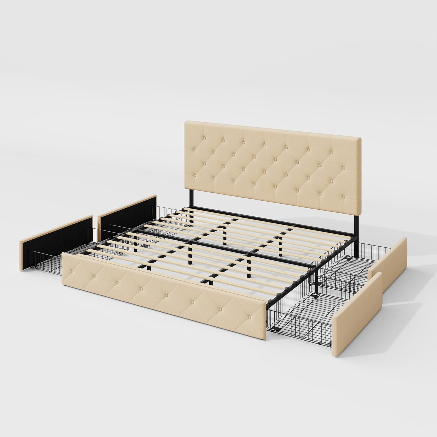 Allewie Upholstered King Size Platform Bed Frame with 4 Storage Drawers and Headboard, Diamond Stitched Button Tufted, Mattress Foundation with Wooden Slats Support, No Box Spring Needed, Beige