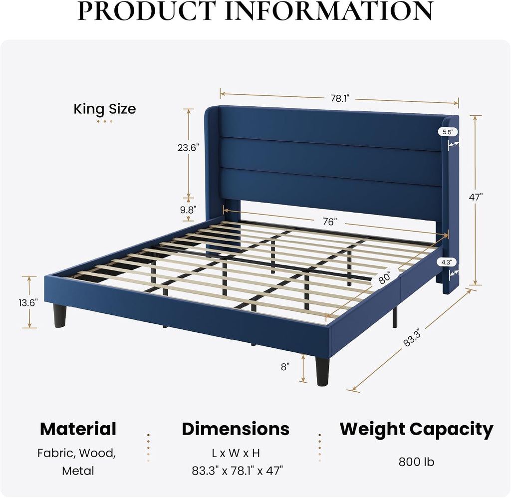 SHA CERLIN King Size Velvet Bed Frame with Wingback Headboard/Upholstered Platform Bed with Wooden Slats/Mattress Foundation/No Box Spring Needed/Easy Assembly/Blue