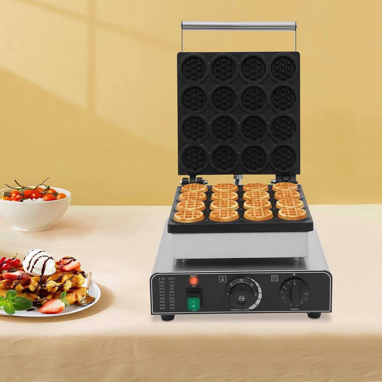 16 Grids Electric Stainless Steel Mini Round Waffle Maker Machine, Non-Stick Teflon Coating, Time & Temperature Control, Commercial Waffle Maker for Bakeries, Cafes, Restaurants